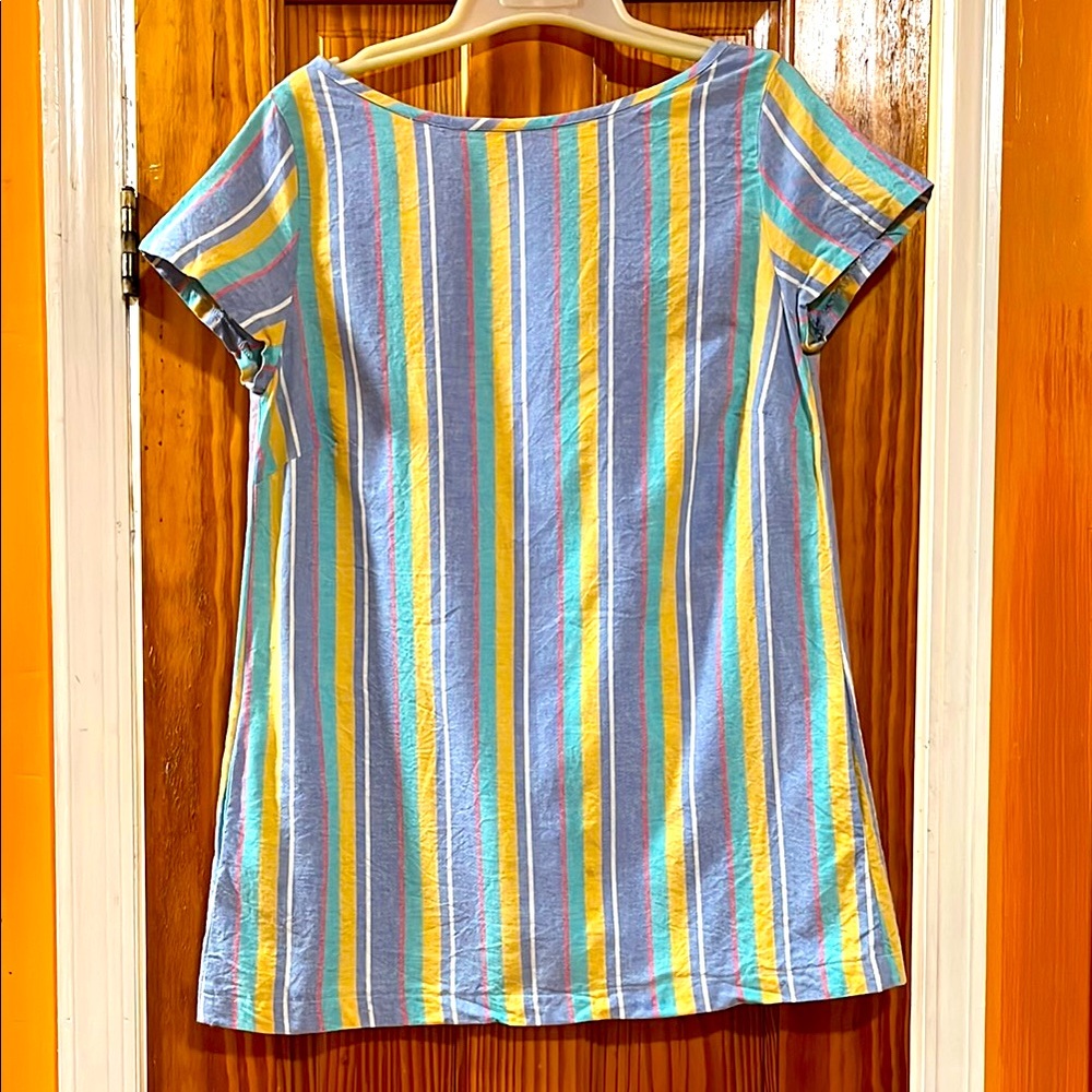 Meg Striped Short Sleeve Multicolor Crew Neck Linen Button Down Tunic Top Size M